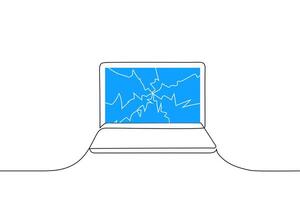 open laptop with broken screen - one line drawing vector. laptop breakdown concept vector