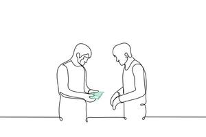 man stands with bills of money spread out in fan and the other looks at it - one line drawing vector. concept of counting money, issuing salary, receiving money, illegal currency exchange, salary vector