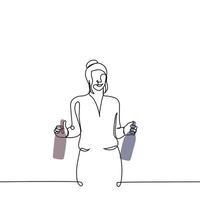woman stands holding bottles of wine in her hands - one line drawing vector. concept a woman offers wine, a seller in a wine store, a female sommelier, a wine lover vector