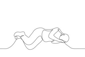 man lying on the floor or ground using his own hands instead of a pillow - one line drawing vector. concept homeless, sleeping on the street vector