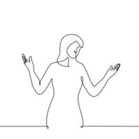 woman raised and spread her hands to the side with her head tilted - one line drawing vector. concept bewilderment, speechless, embarrassed, make a helpless gesture vector