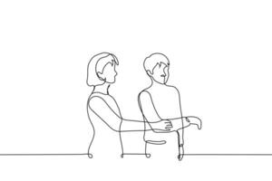 guy pulls his hand away from the woman who touches him - one line drawing vector. concept obsessive fan, teenager does not obey mom or older sister vector