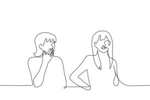 woman admiring and admiring another smiling woman - one line drawing vector. concept girl crush for woman, lesbian in love, envy or jealousy for someone else's beauty or success and achievements vector