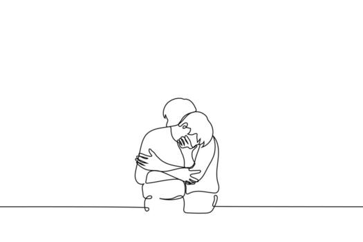 man cries bitterly and another comforts him hugging - one line drawing vector. concept of grief and consolation, close people are experiencing difficulties, loss in family vector