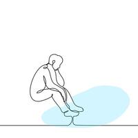 Oman sits barefoot with his feet in the water, he is sad, calms down or reflects - one line drawing vector. concept relaxation, reflection, balancing, harmony vector