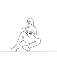 mujer se sienta con un libro en el piso o en el suelo - uno línea dibujo vector. el concepto de leyendo un papel libro, ocio o pasatiempo, libro amante o estudiante estudiando desde un libro de texto vector