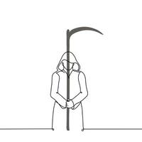 man with a lowered hood in a raincoat stands holding a scythe - one line drawing vector. concept vector