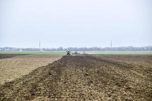 lozano y aflojar el suelo en el campo antes de siembra. el tractor arados un campo con un arado foto