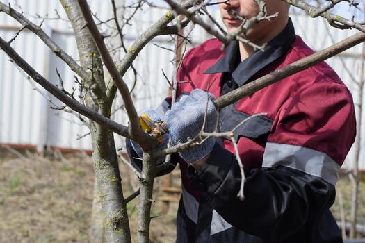 man cuts down a tree branch with a hand garden saw. Pruning fruit trees in the garden. photo