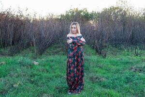 el dama en el antecedentes de seco arboles mujer en un vestido. foto