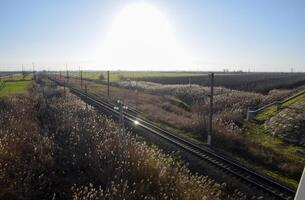 Plot railway. Top view on the rails. High-voltage power lines for electric trains photo