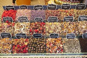 Colorful herbal tea from spice bazaar, traditional tea in Istanbul, photo