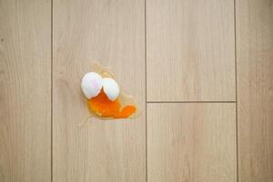 Fresh broken egg in kitchen floor photo