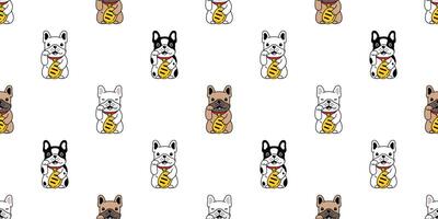 perro sin costura modelo francés buldog suerte gato Japón maneki neko vector bufanda aislado repetir fondo de pantalla loseta antecedentes dibujos animados mascota perrito garabatear ilustración diseño