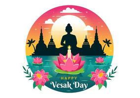 Vesak Day Celebration Vector Illustration with Temple Silhouette, Lotus Flower, Lantern or Buddha Person in Holiday Flat Cartoon Background