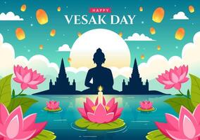 vesak día celebracion vector ilustración con templo silueta, loto flor, linterna o Buda persona en fiesta plano dibujos animados antecedentes