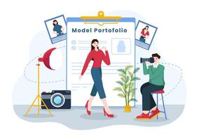 Model Portfolio Vector Illustration with Modeling Agency Manager and Photographer take Photos of Model in Platform Flat Cartoon Background Design