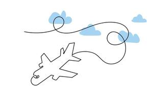 Continuous single-line airplane path on the clouds. And one-line world travel flight airline outline icon art vector