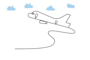 Continuous single-line airplane path on the clouds. And one-line world travel flight airline outline icon art vector