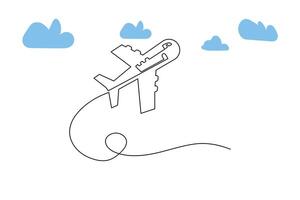 Continuous single-line airplane path on the clouds. And one-line world travel flight airline outline icon art vector