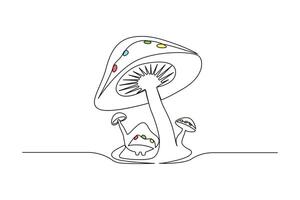 Continuous one-line sepia magic mushroom and outline vector art illustration