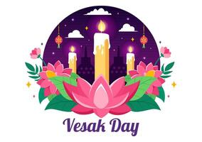 vesak día celebracion vector ilustración con templo silueta, loto flor, linterna o Buda persona en fiesta plano dibujos animados antecedentes