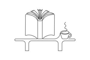 Continuous one-line drawing book on the table art and World Book Day educational knowledge concept Doodle vector illustration