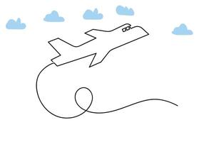 Continuous single-line airplane path on the clouds. And one-line world travel flight airline outline icon art vector