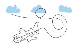 Continuous single-line airplane path on the clouds. And one-line world travel flight airline outline icon art vector