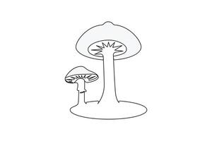 Continuous one-line sepia magic mushroom and outline vector art illustration