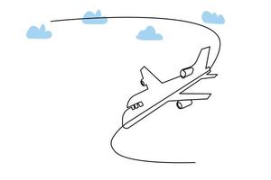 Continuous single-line airplane path on the clouds. And one-line world travel flight airline outline icon art vector