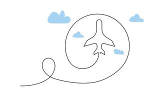 Continuous single-line airplane path on the clouds. And one-line world travel flight airline outline icon art vector