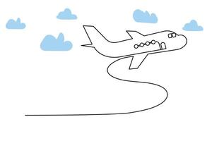 Continuous single-line airplane path on the clouds. And one-line world travel flight airline outline icon art vector