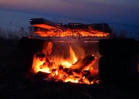 Hot chicken thighs on the fire at night on the beach photo