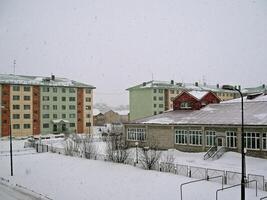 The northern northern city of Salekhard. Single-storey houses an photo