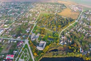 Top view of the village. One can see the roofs of the houses and gardens. Road and water in the village. Village bird's-eye view photo