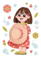 Cute smiling Kawaii little girl holding a hat in her hands. Set with a happy girl, floral elements and bubbles. Pretty girl cartoon children's character. Vector illustration EPS.