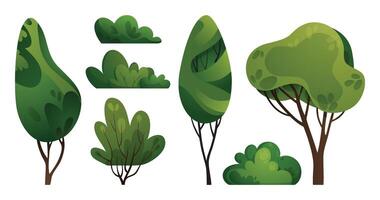 Green trees and bushes set. Forest, garden, or park landscape plants. Collection of spring or summer vegetation vector illustrations. Cartoon plants collection for banners, cards, covers, web design.