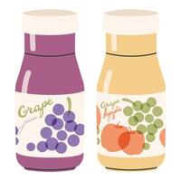 Grape and apple juice bottles. Vector hand drawn cartoon fruit drink bottles illustration on a white background. Helpful organic fruity water. Glass bottles of summer refreshment.
