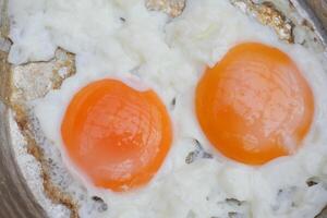 Fried eggs in the plate close up , photo