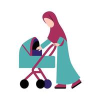 hijab madre con bebé paseante vector