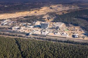 Aerial view of opencast mining quarry. Industrial place view from above photo