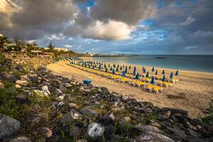 Beautiful sun loungers with parasols on the beach photo