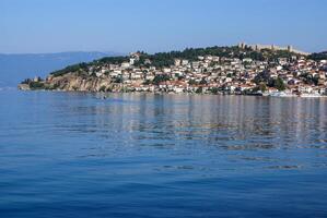 The fortress of Tsar Samuil photographed from distance, in Ohrid, Macedonia photo