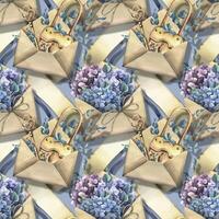 Papyrus paper, craft envelopes with golden keys and locks with hydrangea and eucalyptus flowers. Hand drawn watercolor illustration. Seamless pattern, background vector