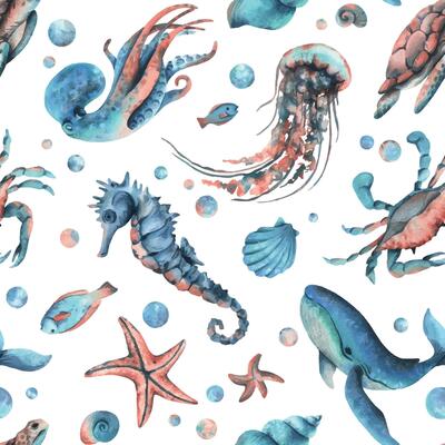 Underwater world clipart with sea animals whale, turtle, octopus, seahorse, starfish, shells, coral and algae. Hand drawn watercolor illustration. Seamless pattern on a white background