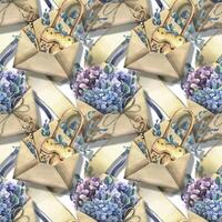 Papyrus paper, craft envelopes with golden keys and locks with hydrangea and eucalyptus flowers. Hand drawn watercolor illustration. Seamless pattern, background. vector