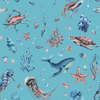 Underwater world clipart with sea animals whale, turtle, octopus, seahorse, starfish, shells, coral and algae. Hand drawn watercolor illustration. Seamless pattern on a blue background