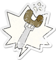 cartoon sausage on fork and speech bubble distressed sticker png