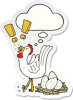 cartoon chicken laying egg and thought bubble as a printed sticker png